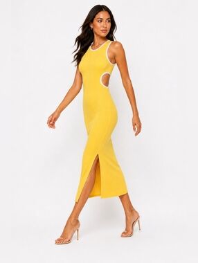 Sporty Ribbed Knit Cutout Maxi Dress Yellow White Trim Bodycon Summer Chic M